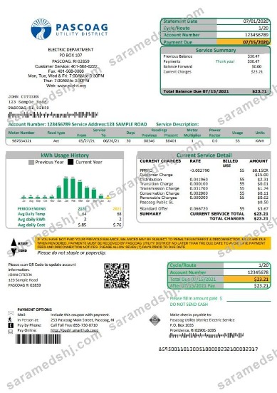 USA Rhode Island Pascoag Utility District utility bill template in Word and PDF format